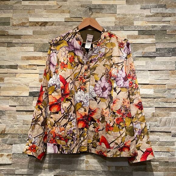 Chico’s Reversible Linen Jacket | 1 M, Fall Floral & Olive Green Capsule Piece - Picture 2 of 11